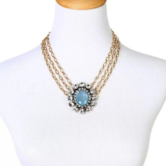 Blue Resin Rhinestone Crystal Floral 3 Layered Vintage Gold Pendant Necklace - Picture 2 of 8